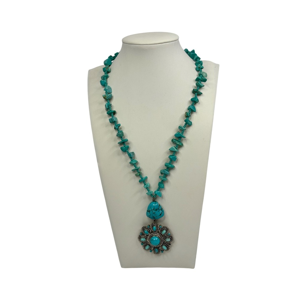 Turquoise Chip Bead Statement Necklace Silver Floral Medallion Pendant Boho